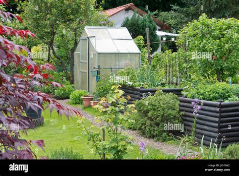 Raised Beds And Greenhouse In An Allotment Garden Stock Photo Alamy