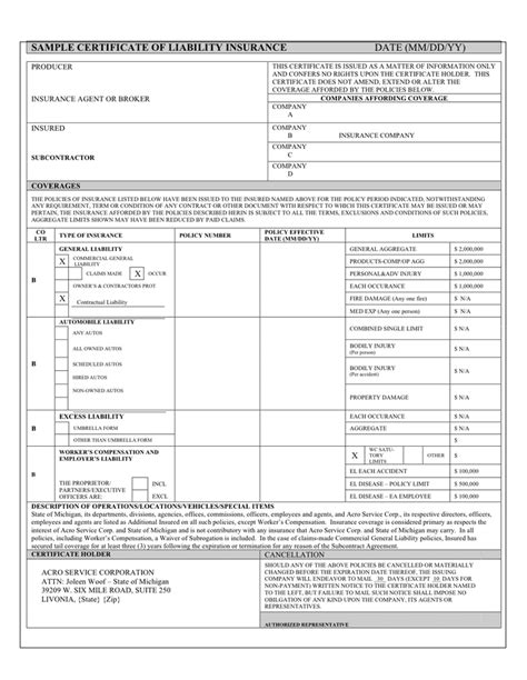 Sample Certificate Of Liability Insurance In Word And Pdf Formats