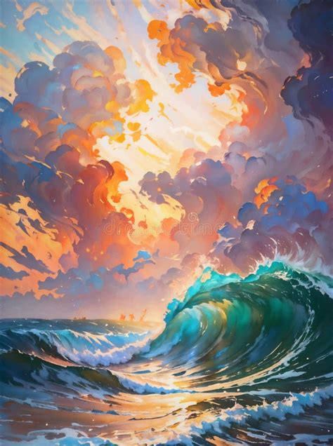 Ondas Do Litoral No Nascer Do Sol Impressionismo Ai Arte Ilustração