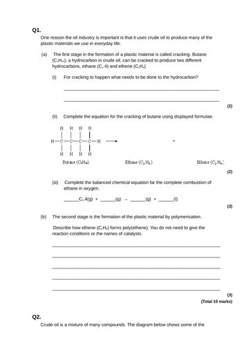 Gcse Aqa Chemistry Organic Revision Worksheets Ht 1 Teaching Resources