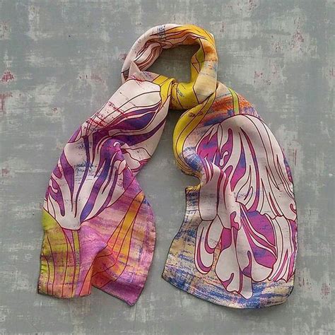 Silk Scarf With A Tulip Pattern Pink And Golden Yellow Silkscarves