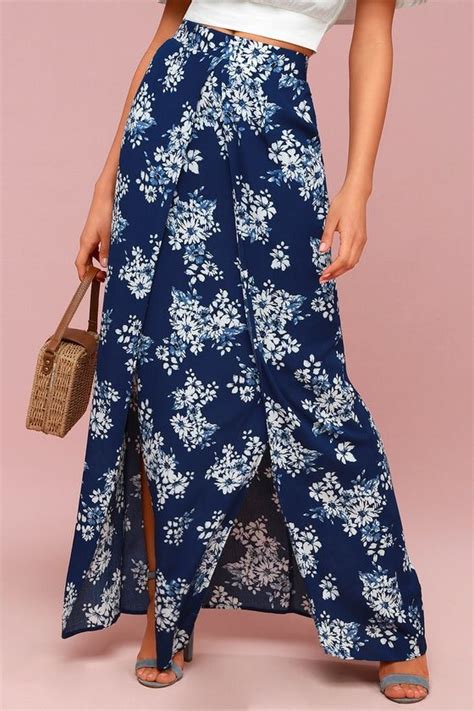 French Seaside Navy Blue Floral Print Maxi Skirt 2 Floral Print Maxi