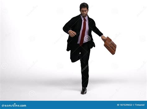 3D Render A Running Man In Casual Business Suit With A Briefcase In