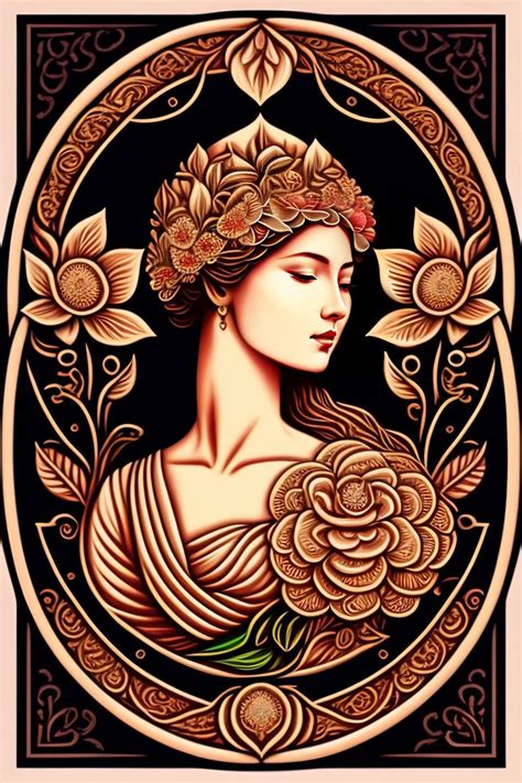 A Woman With Flowers In Her Hair And An Ornate Frame Around Her Neck Is