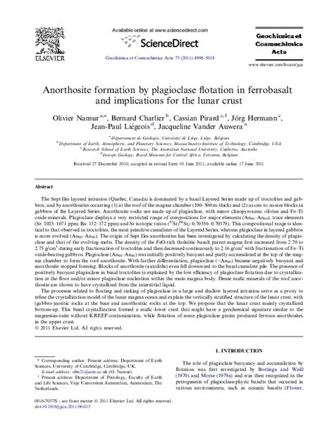 (PDF) Anorthosite formation by plagioclase flotation in ferrobasalt and ...