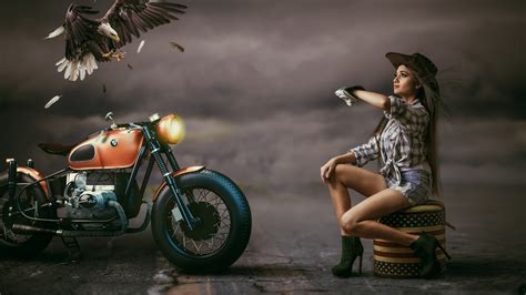 1366x768 Beautiful Woman Cowgirl Hat Alongside With Bmw Bike Eagle Laptop Hd Hd 4k Wallpapers