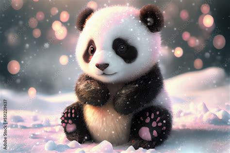 Cute Panda Baby Fantasy Cartoon In Winter Snow Generative Ai