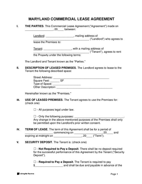 Maryland Standard Commercial Lease Agreements Simple Forms Pdf