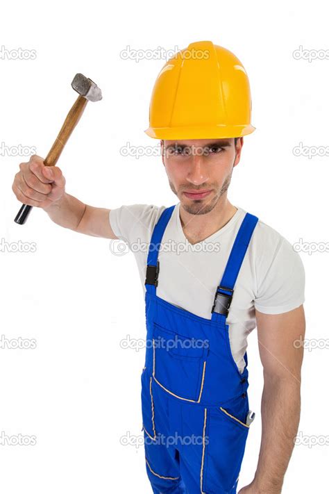 Angry Construction Worker With A Hammer Stock Photo Luckybusiness