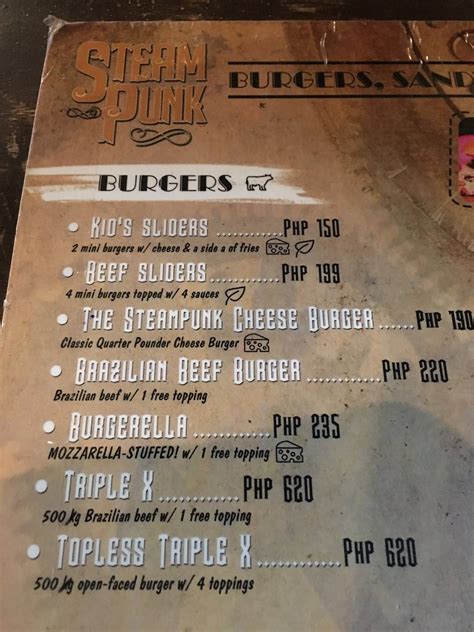 Menu At Steampunk Burgers Boracay Restaurant Malay