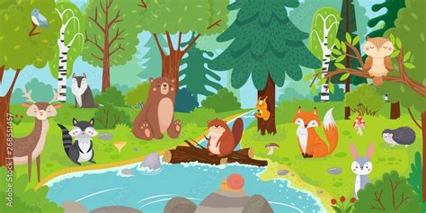 Cartoon forest animals. Wild bear, funny squirrel and cute birds on ...