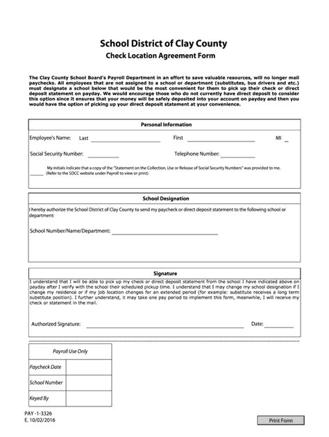 Fillable Online Oneclay Check Location Agreement Form School District