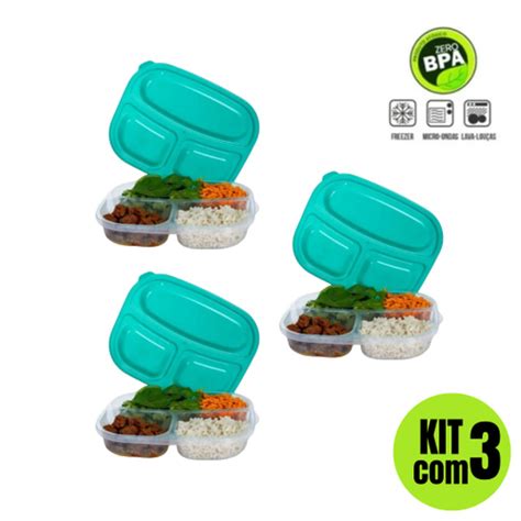 Kit 3 Potes Marmitas Fitness Marmitex de Plástico Para Uso no