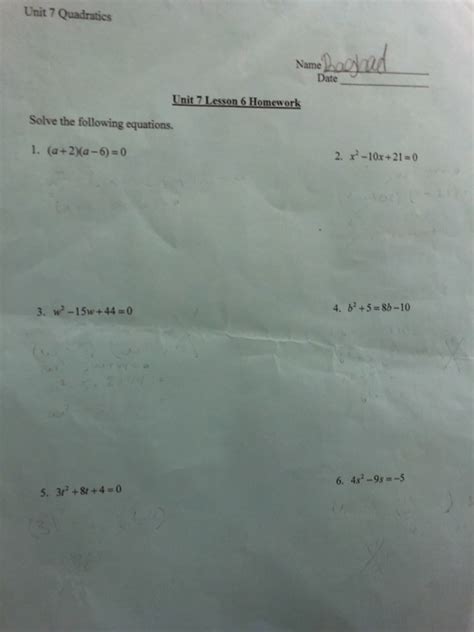 Solved Unit Quadratics Name Date Unit Lesson Homework Chegg