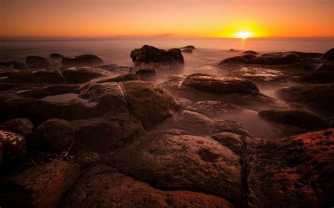 Wallpaper Sinar Matahari Matahari Terbenam Laut Teluk Air Batu