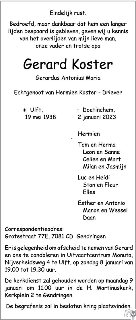 Gerard Gerardus Antonius Maria Koster 02 01 2023 Overlijdensbericht