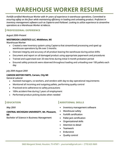 Warehouse Worker Resume Example & Expert Writing Tips