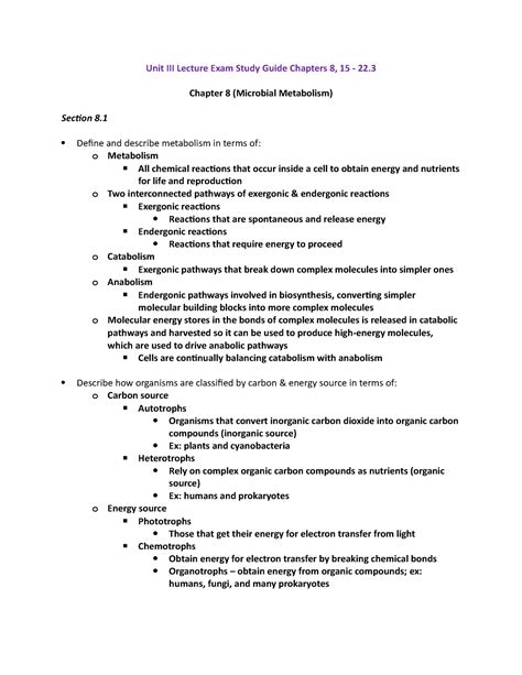 Unit Iii Lecture Exam Study Guide Chapter Microbial Metabolism