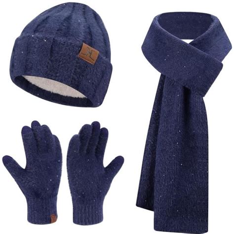 Femme Hiver Chaud Tricot Bonnet Gants Tactiles Grosse Echarpe Ensemble