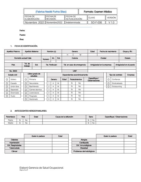 Examen Medico Periodico Fecha De Elaboracin Fecha De Revisin