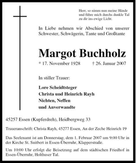 Traueranzeigen Von Margot Buchholz Trauer In NRW De