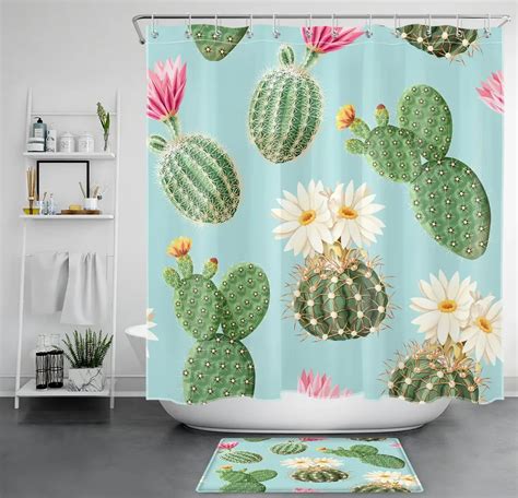 Pink And Green Cactus Shower Curtain With Tropical Floral Design For A