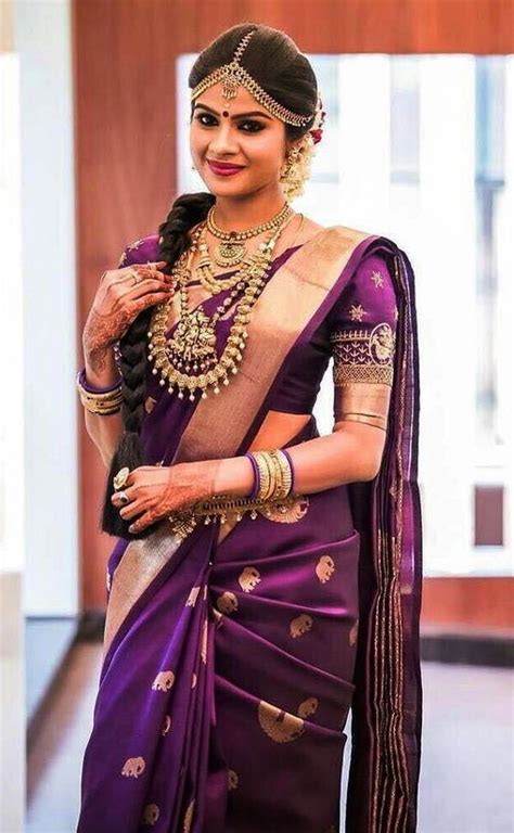 Purple Kanchipuram Silk With Golden Zari Work In 2020 South Indian