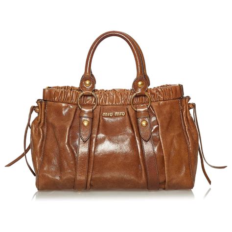 Miu Miu Brown Vitello Shine Satchel Leather Pony Style Calfskin Ref