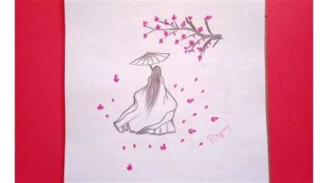 How To Draw Japanese Girl A Girl Under Cherry Blossom Tree Pencil