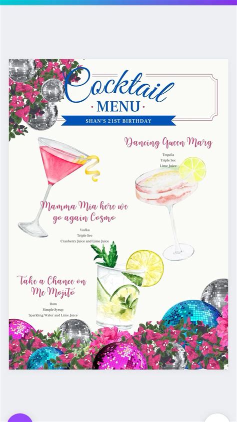 Cocktail Menu For Mamma Mia Themed Party In 2024 Mamma Mia Mamma Mia Wedding Birthday Party