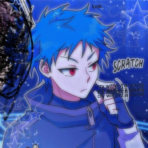 An Anime Character With Blue Hair And Stars In The Background Looking