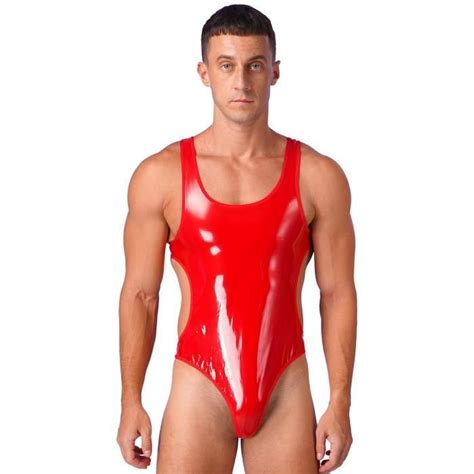 Iixpin Homme Lingerie Sexy Cuir Verni Brillant Bodysuit Dos Nu Catsuit