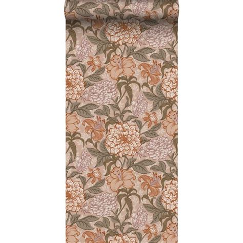 Behang Vintage Bloemen Oudroze Vergrijsd Groen En Terracotta Roze Van