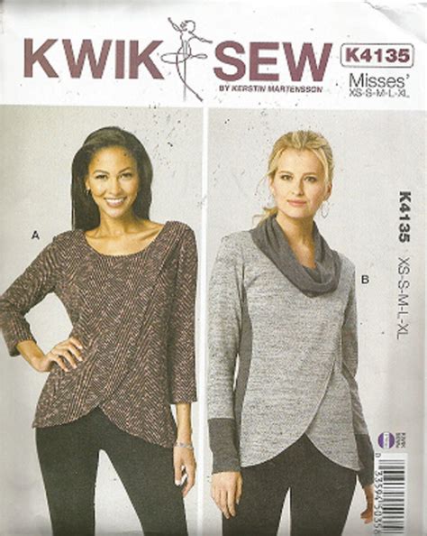 Misses Tops Kwik Sew Pattern K4135 Pullover Tops Scooped Neck Or Cowl Collar Overlapping Front