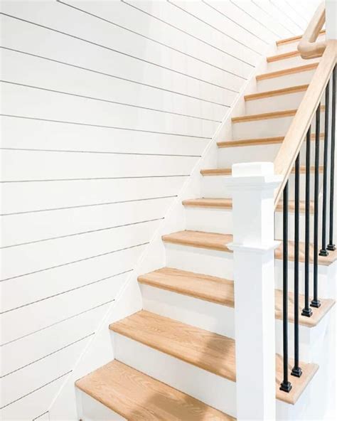 White Shiplap Stairwell With Light Wood Treads Soul Lane