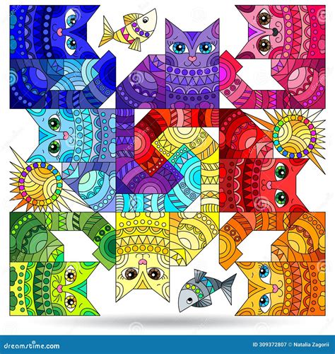 A Stained Glass Illustration With Bright Geometric Cats Isolated On A White Background Stock