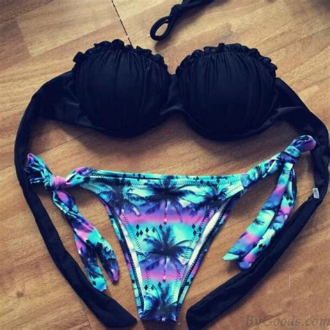 Sommer Sexy Bikini Kokosnuss Baum Gedruckt Schwarz Bh Bademode