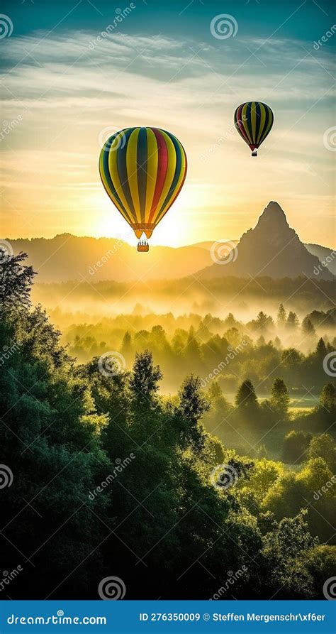 Colorful Hot Air Balloons Soaring Over Lush Green Landscape At Sunrise