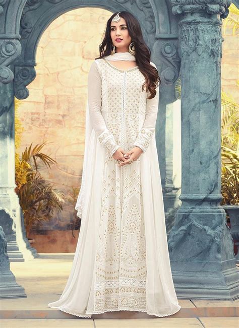 Buy White Georgette Abaya Style Anarkali Suit Online Sku Code