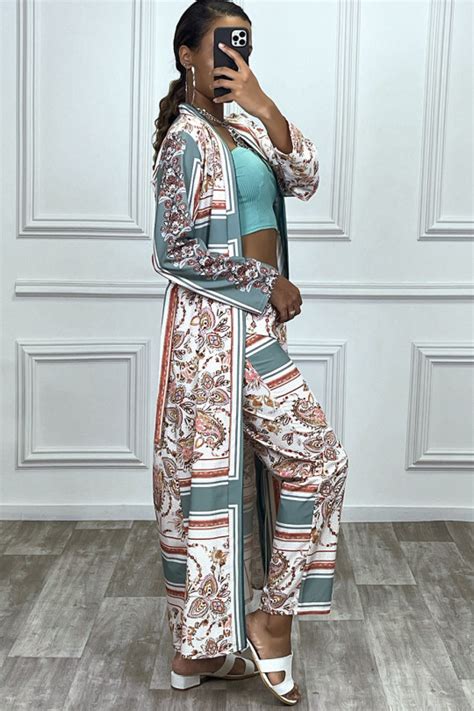 Ensemble Vert D Eau Pantalon Et Long Kimono Motif