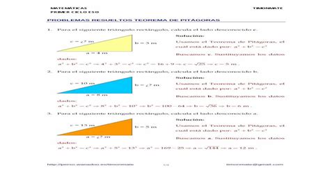 Problemas Resueltos Teorema De PitÁgoras · Primer Ciclo Eso Problemas