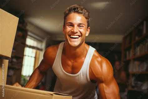 Impressive muscular man effortlessly lifting heavy box in apartment ...