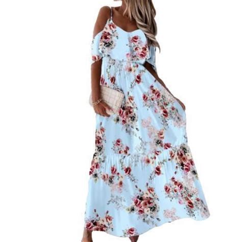 Femmes Robe Longue Dété Style Bohémien Coupe Basse épaules Bleuciel