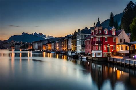 Una ciudad de noche con un barco y montañas al fondo Foto Premium