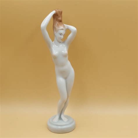VINTAGE NUDE LADY Porcelain Nude Woman Statue by Béla Balogh Hungarian Aquincum Budapest