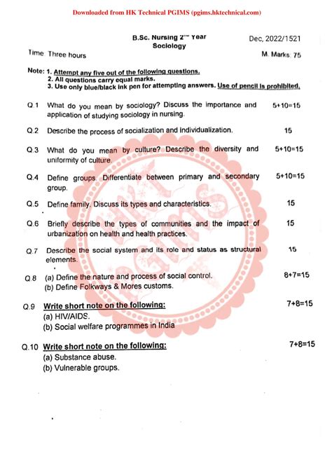 Sociology BSc Nursing 2nd Year Previous Year S Question Paper PDF