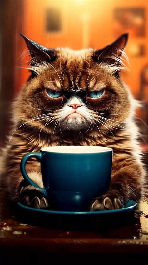 A Cat Sitting In Front Of A Blue Coffee Cup