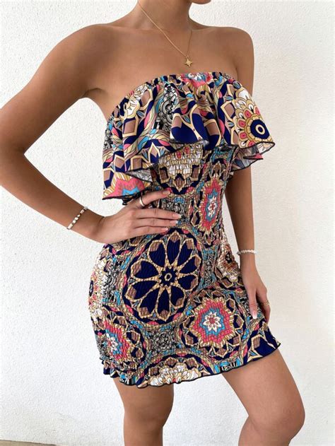 Shein Priv Vestido Tubo Ajustado Con Estampado De M Ndala Ribete Con