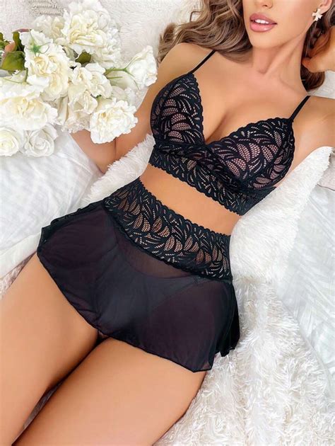 Classic Sexy Contrast Lace Mesh Lingerie Set SHEIN UK