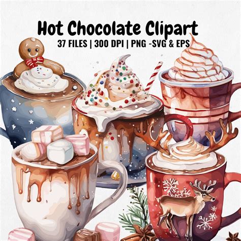 Watercolor Hot Chocolate Cup Clipart Bundle 37 PNG SVG EPS Hot